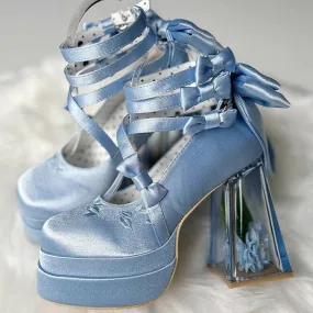 Blue Camellia Flower High Block Heel Elegant Platform High Heels