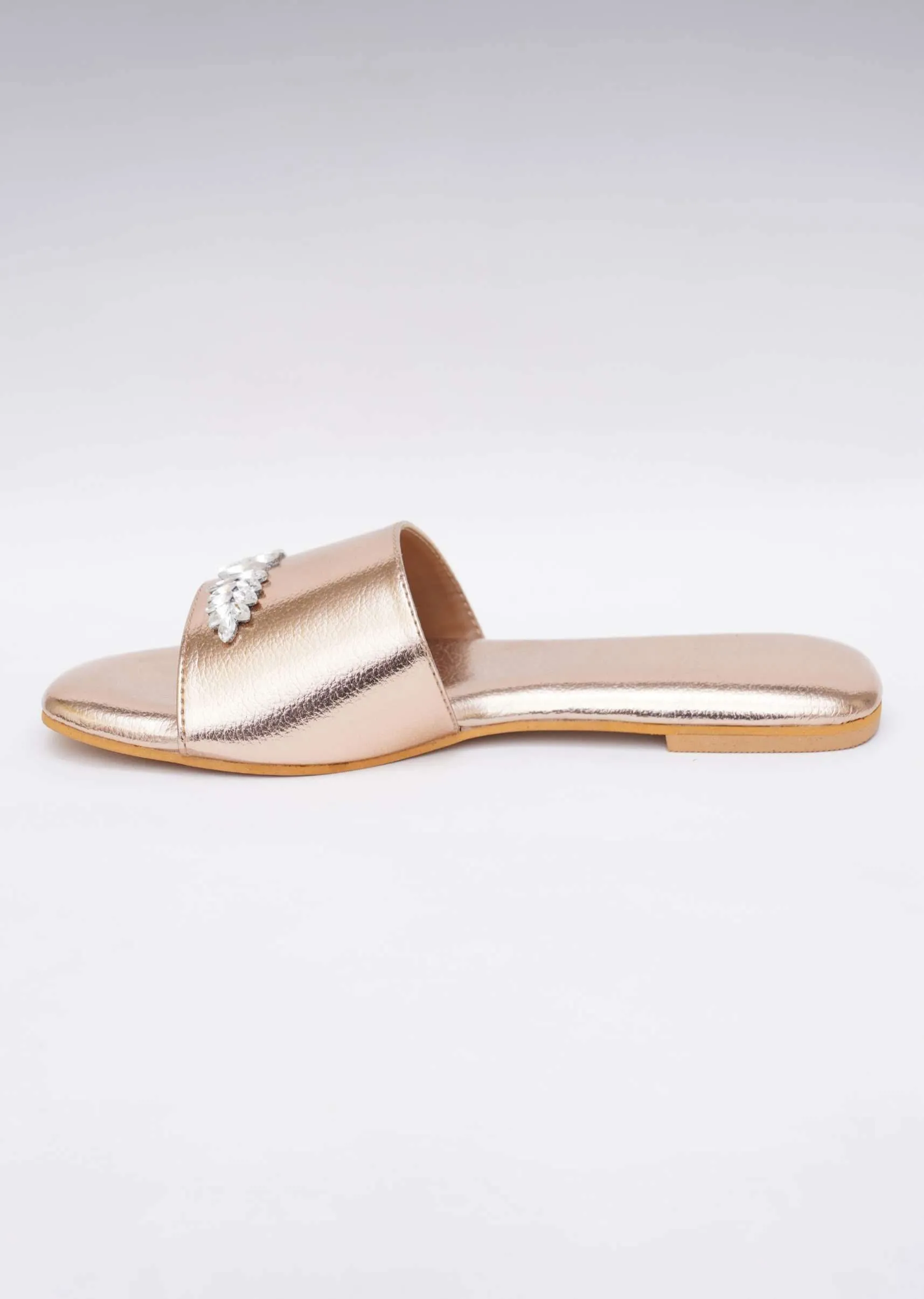 Gold Toned Festive Embroidered Flats In Soft Faux Leather