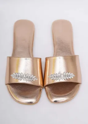 Gold Toned Festive Embroidered Flats In Soft Faux Leather