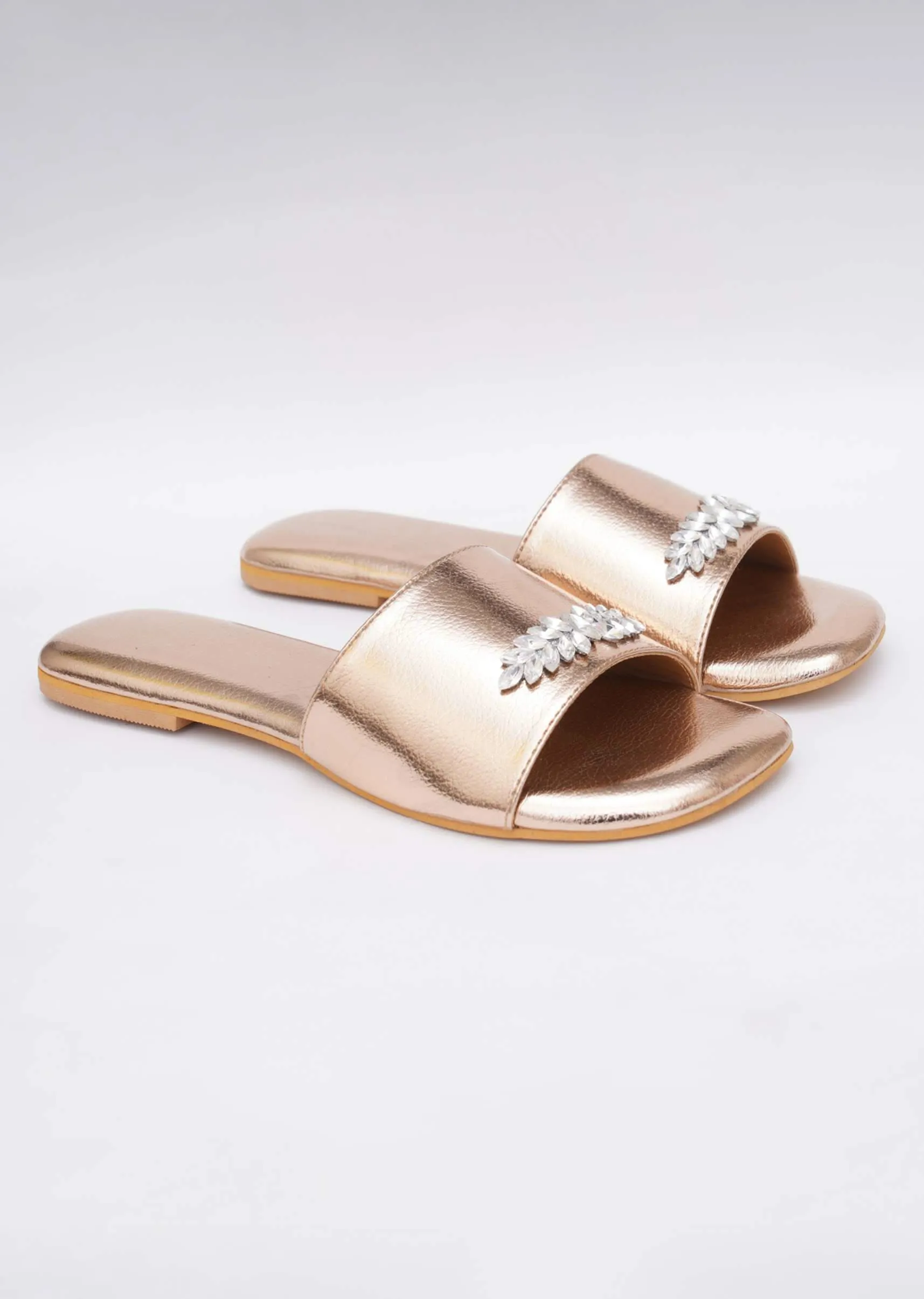 Gold Toned Festive Embroidered Flats In Soft Faux Leather