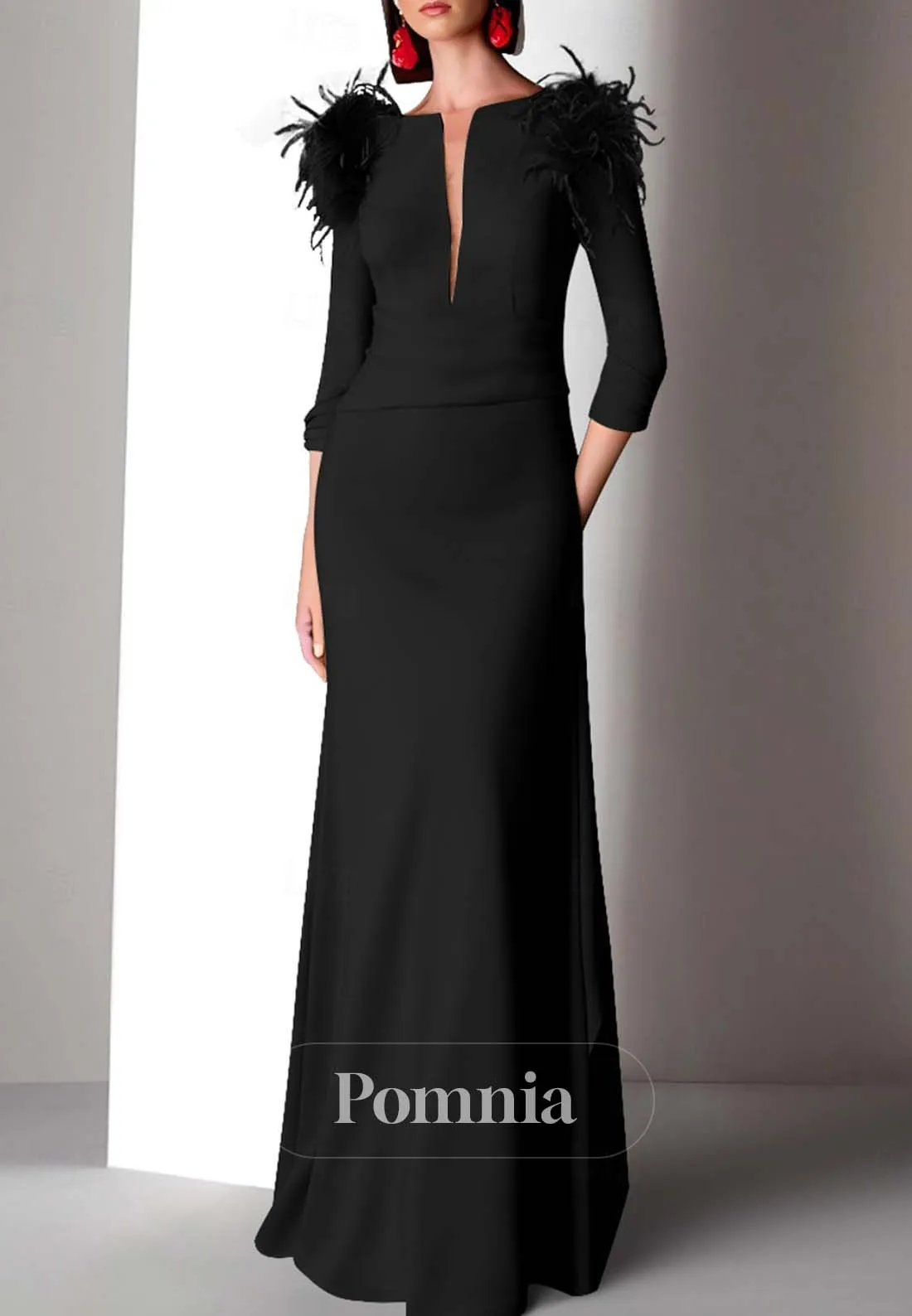 Half Sleeves Scoop Feathers Ruched Satin Formal Evening Dress