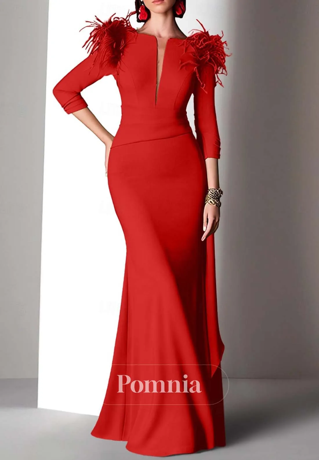 Half Sleeves Scoop Feathers Ruched Satin Formal Evening Dress