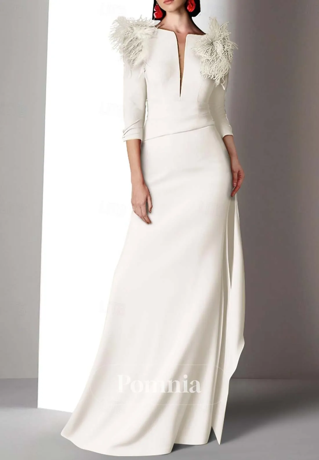 Half Sleeves Scoop Feathers Ruched Satin Formal Evening Dress