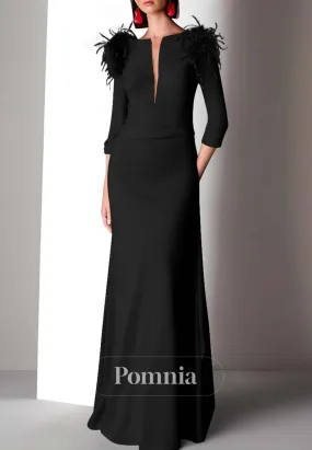 Half Sleeves Scoop Feathers Ruched Satin Formal Evening Dress