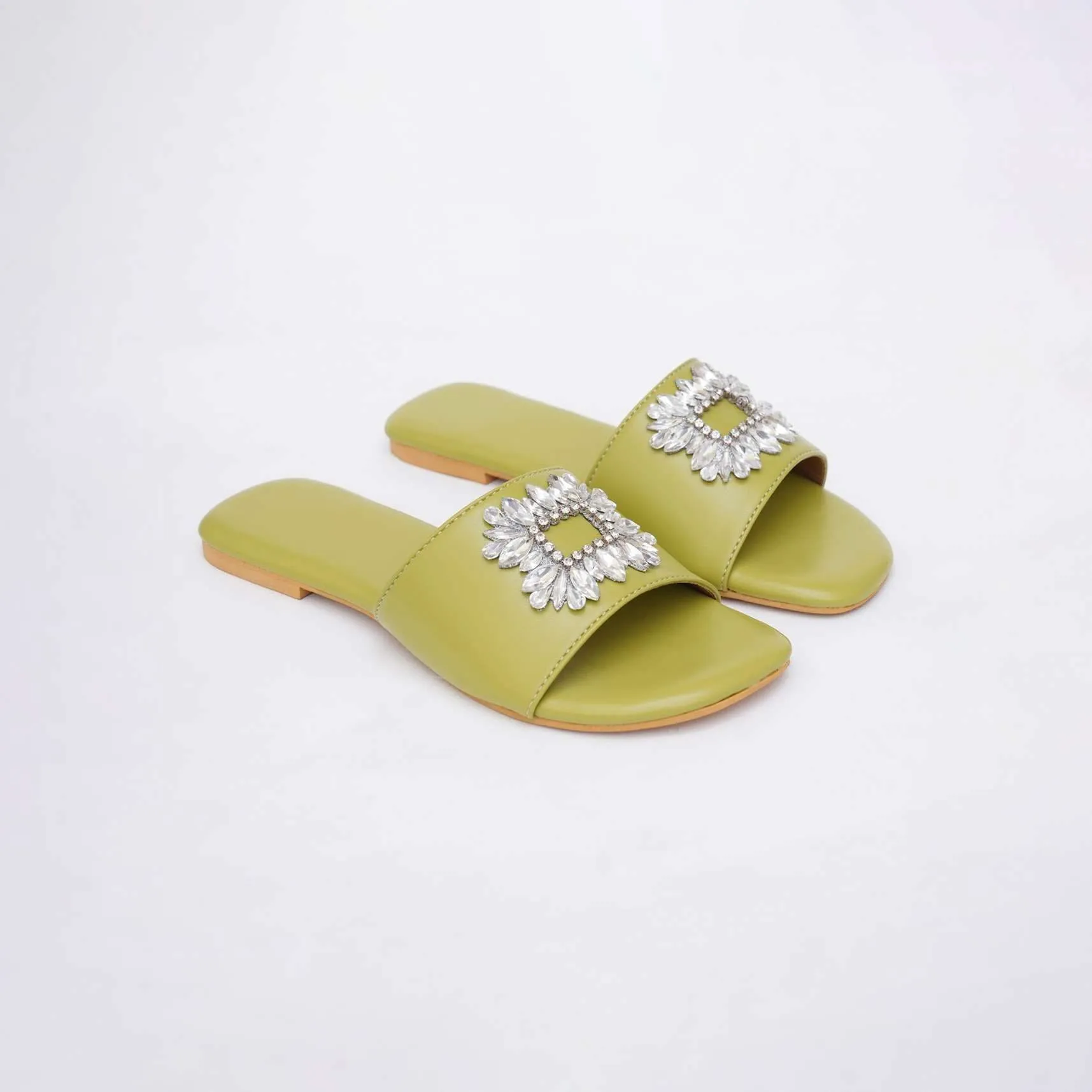 Lime Green Soft Faux Leather Brooch Flats