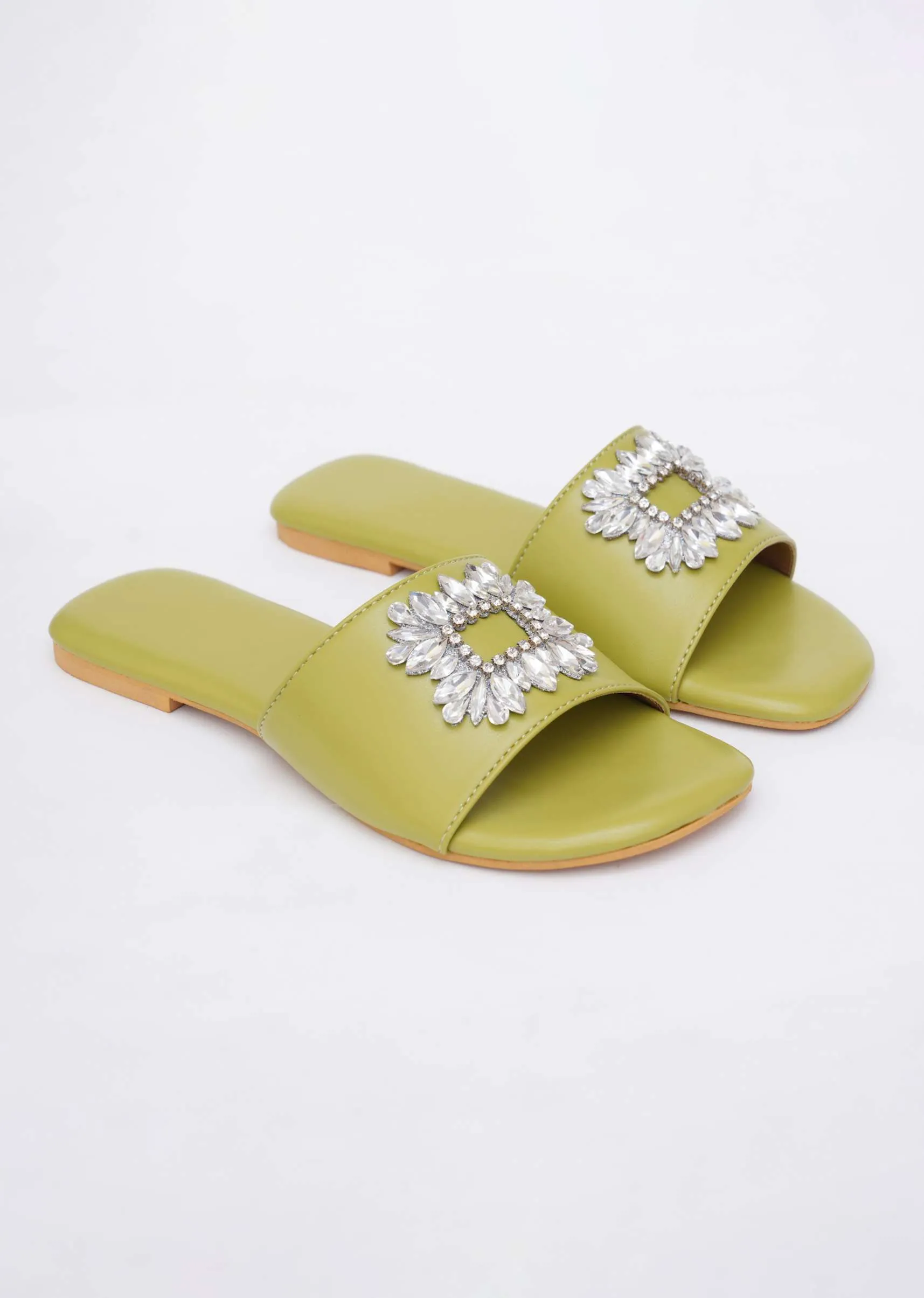 Lime Green Soft Faux Leather Brooch Flats
