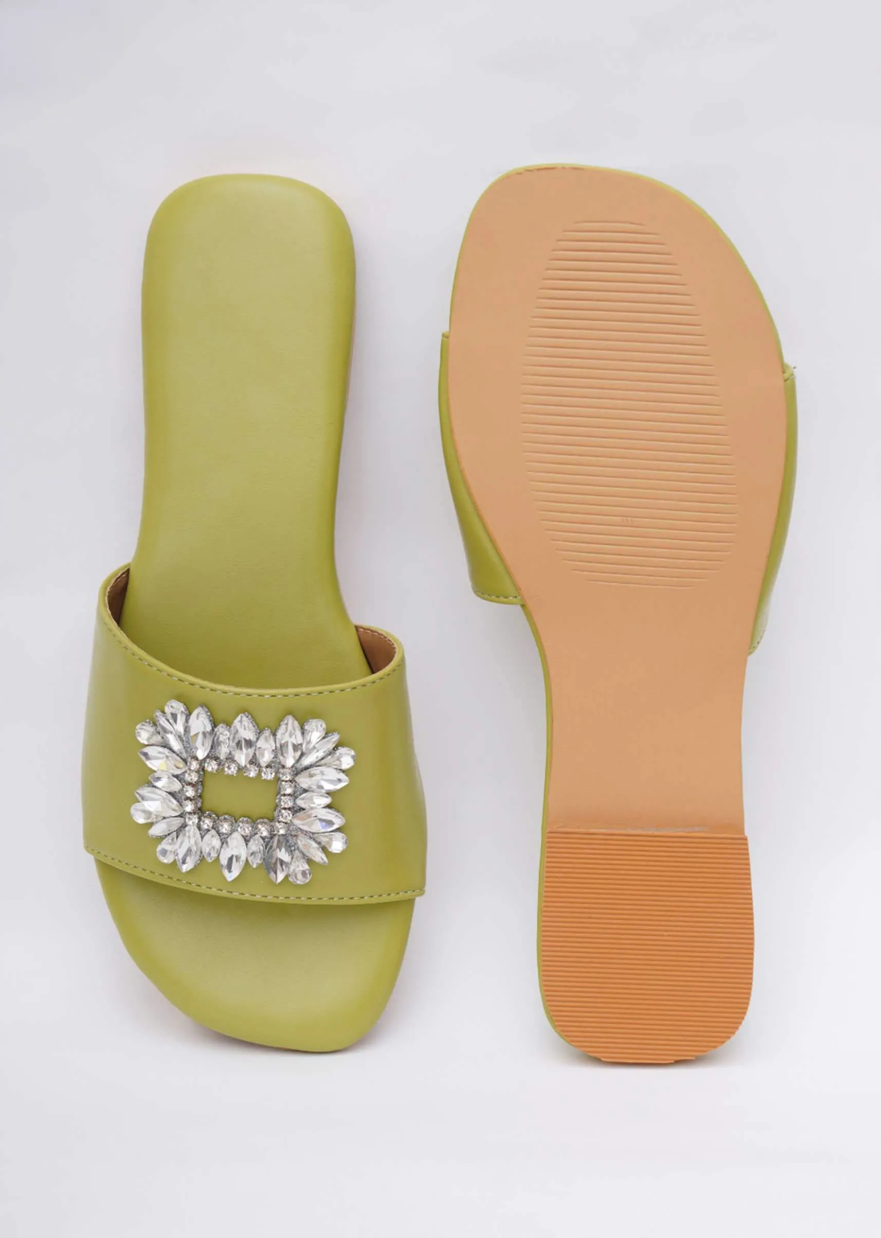 Lime Green Soft Faux Leather Brooch Flats
