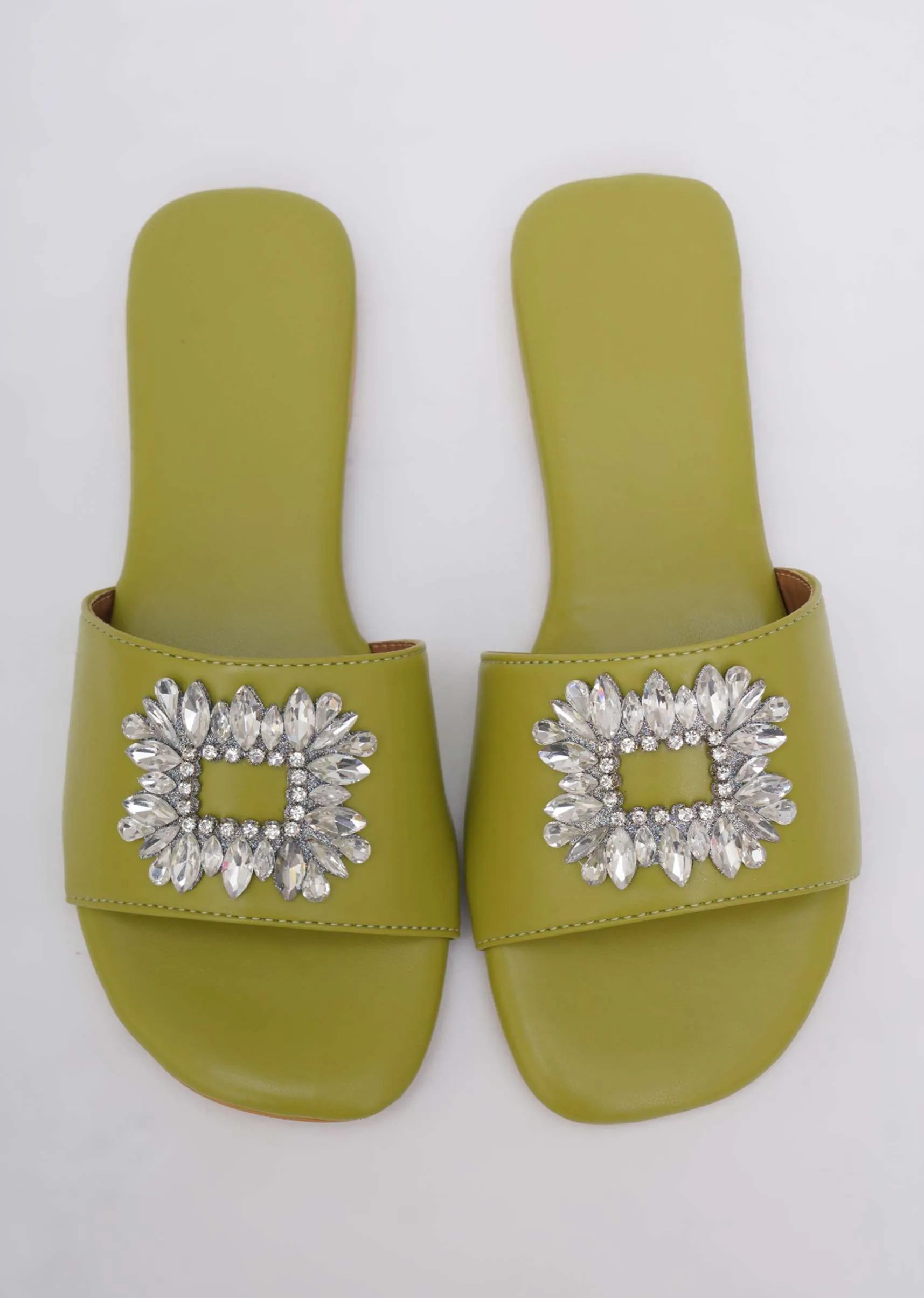 Lime Green Soft Faux Leather Brooch Flats