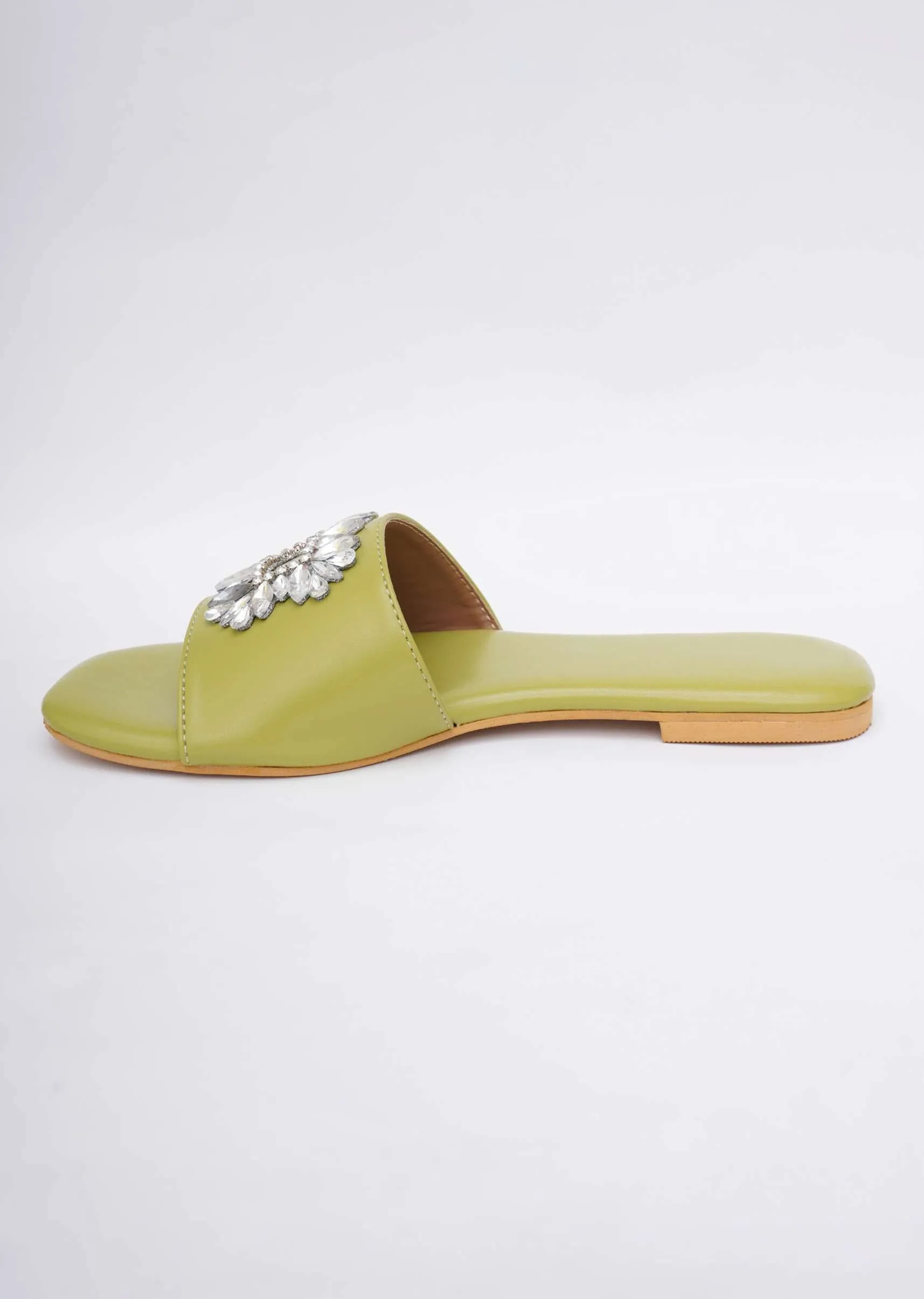 Lime Green Soft Faux Leather Brooch Flats