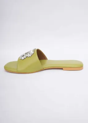 Lime Green Soft Faux Leather Brooch Flats