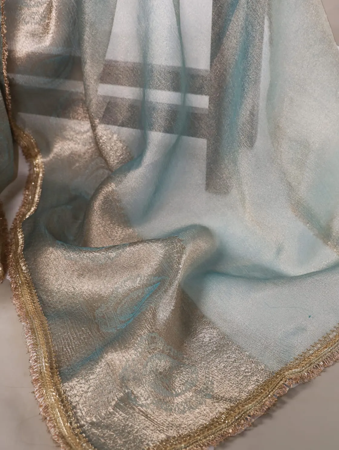 Sky Blue Tissue Shimmer Zari Weaving Work Tissue Saree