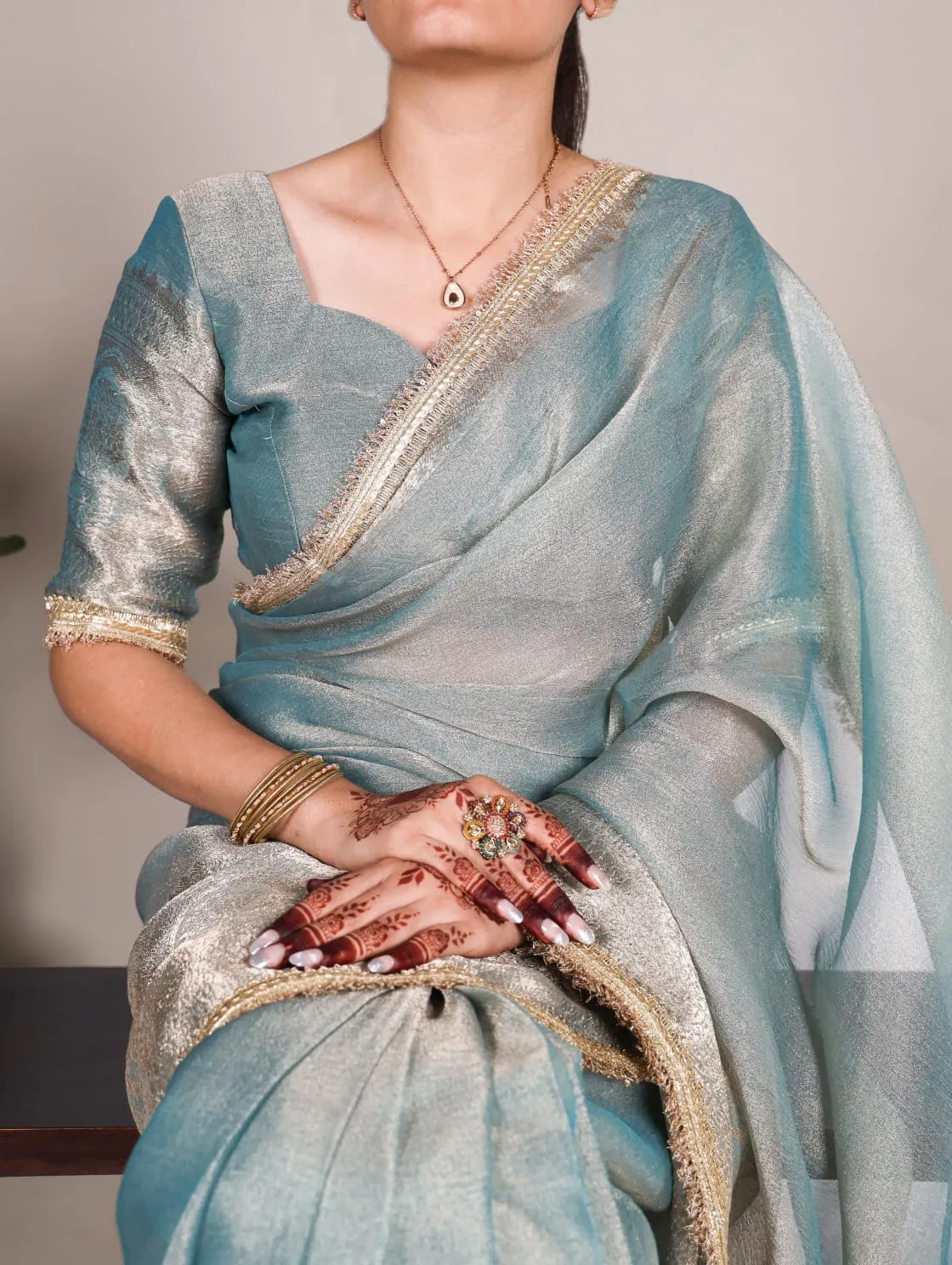 Sky Blue Tissue Shimmer Zari Weaving Work Tissue Saree