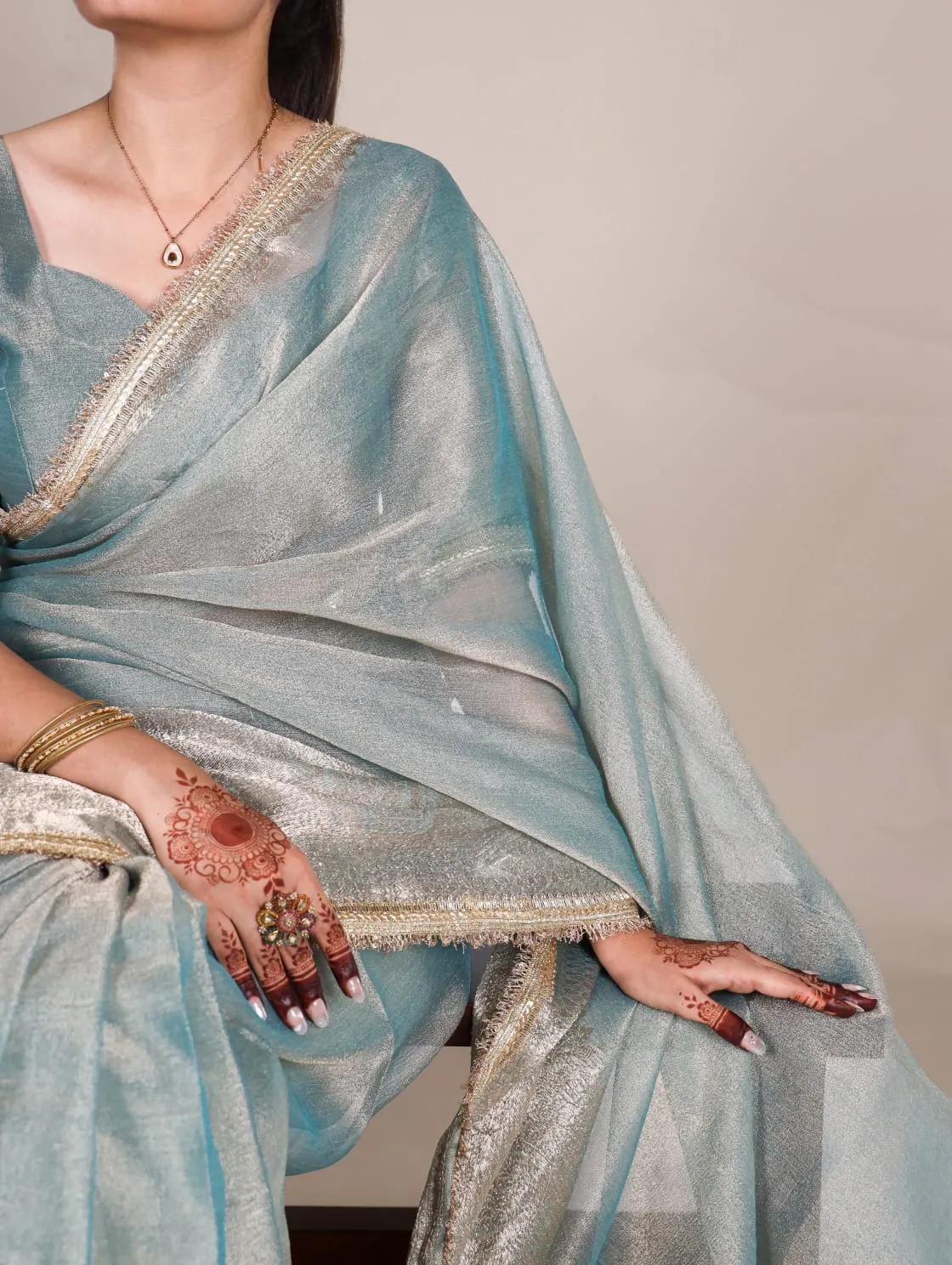 Sky Blue Tissue Shimmer Zari Weaving Work Tissue Saree
