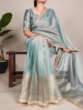 Sky Blue Tissue Shimmer Zari Weaving Work Tissue Saree