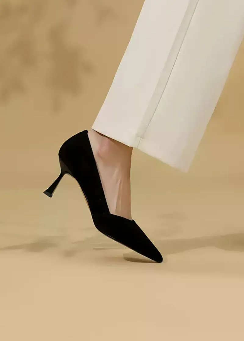 Talia Flared Heel Pointed Toe Suede Leather Pumps